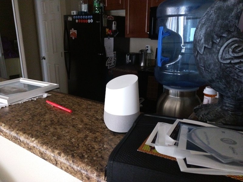 Google Home device sits on our kitchen bar