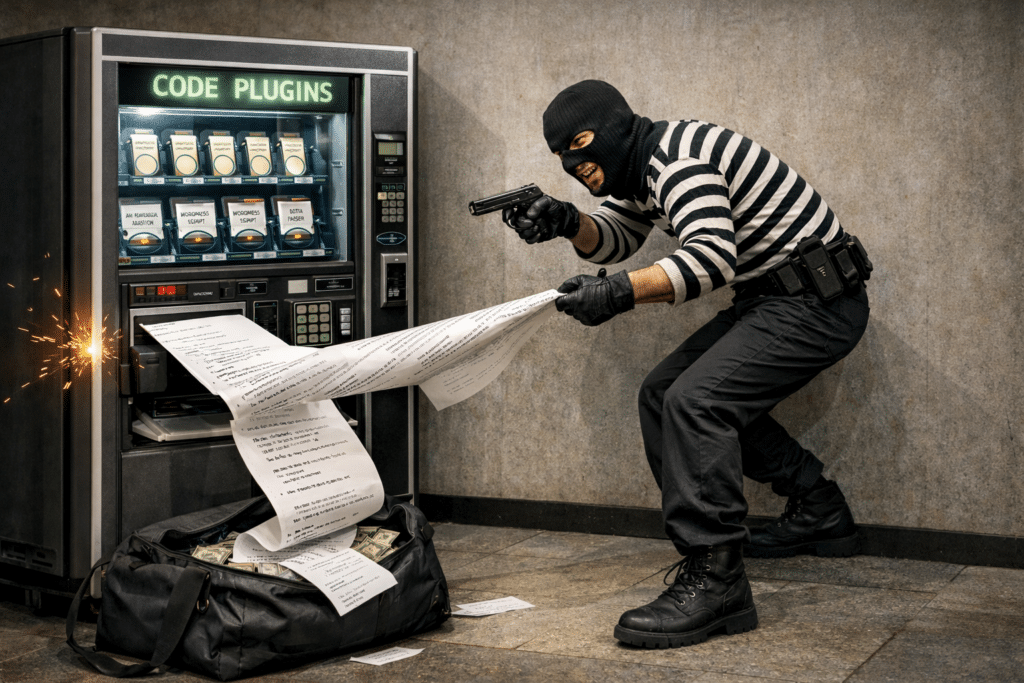 A picture of a old fashioned bank robber stealing code from a code vending machine