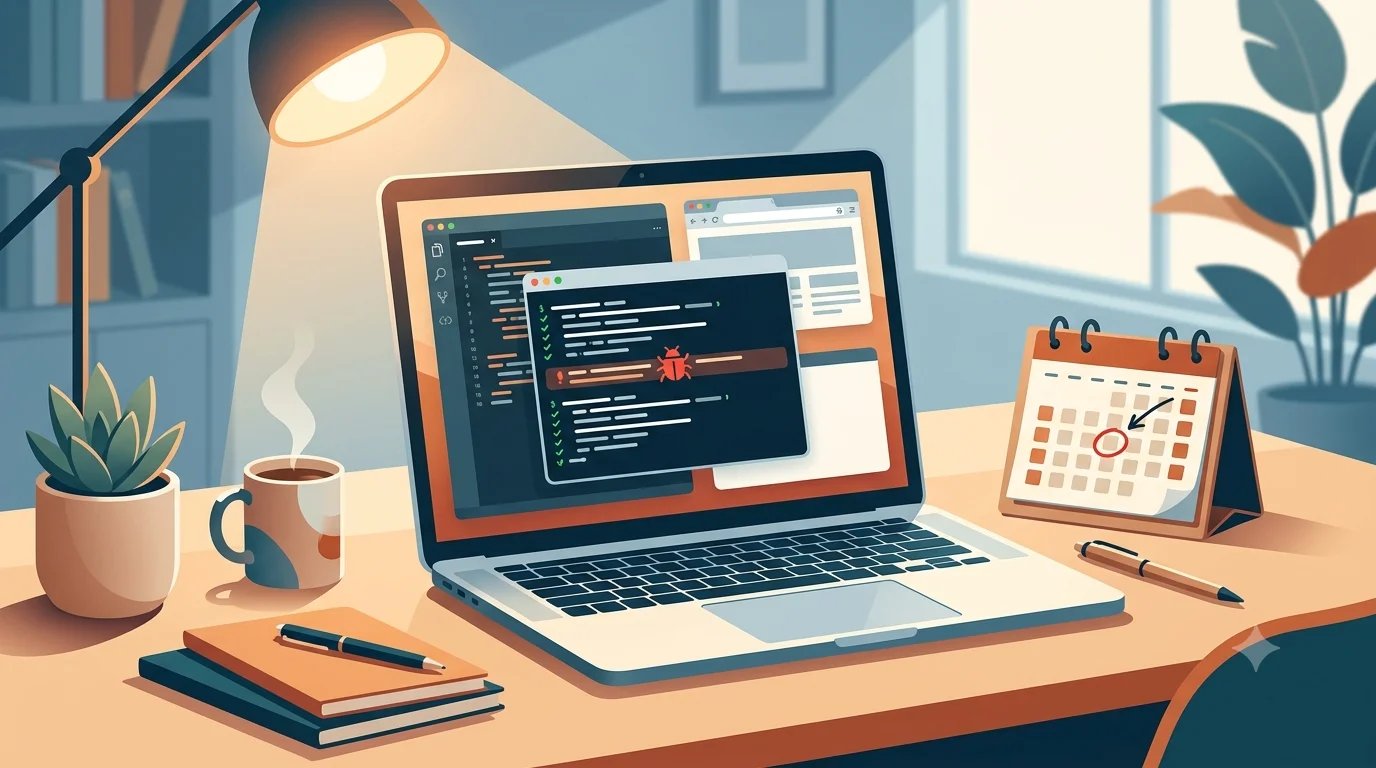 A developer's desk with a terminal showing a flagged bug next to a calendar with one day circled, representing an AI tool maintenance day.
