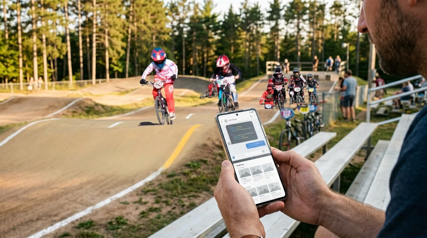 A phone held up in the bleachers at a BMX race track while riders come down the hill, showing a website being built with Claude Code Remote Control.